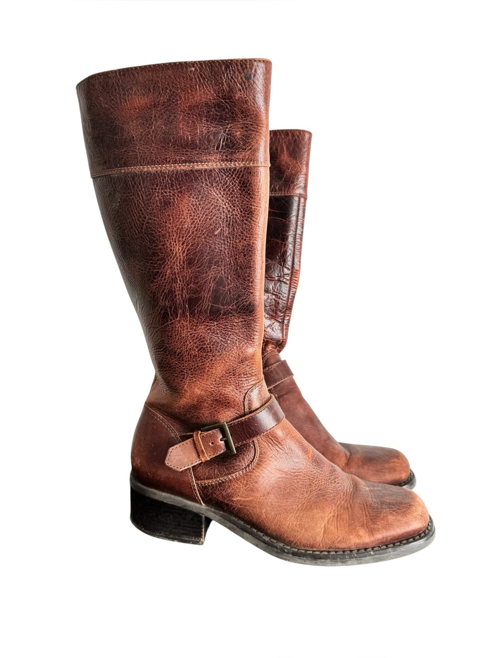 Ruff Hewn Brown Leather Mid-Calf Buckle Heeled Knee High Riding Boots